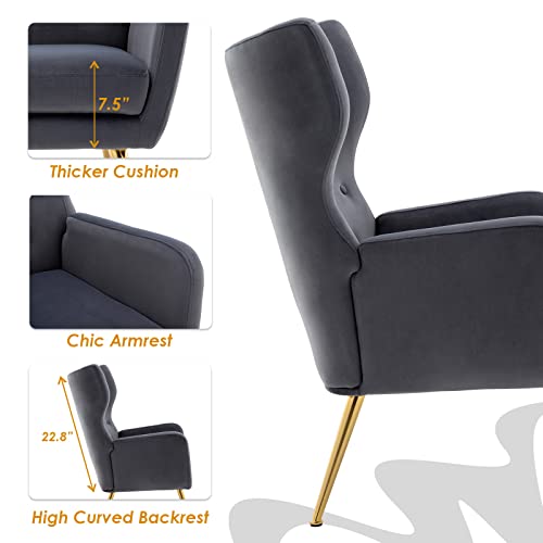 Guyou Modern Velvet Accent Chairs Set Of 2, Tufted Button High Wingback Armchair Comfy Upholstered Lounge Side Chair With Gold Legs For Living Room Bedroom Apartment Waiting Room(Grey) #TOP4