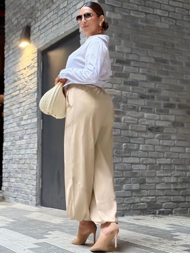 ZAFUL Women Casual Linen Pants Lightweight Drawstring Elastic Waist Lounge Beach Summer Pants with Pockets Apricot XXL3