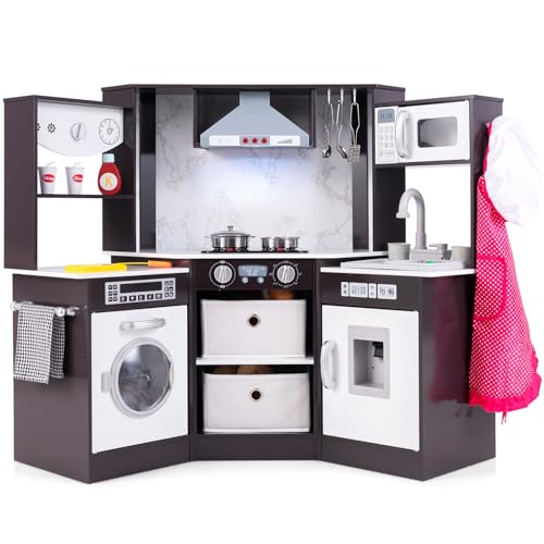 COSTWAY Cocina de Madera para Niños, Cocinita Infantil con Luces y Sonidos Realistas, Campana Extractora Iluminada, Sistema de Circulación de Agua, Dispensador de Agua y Lavadora (Café)
