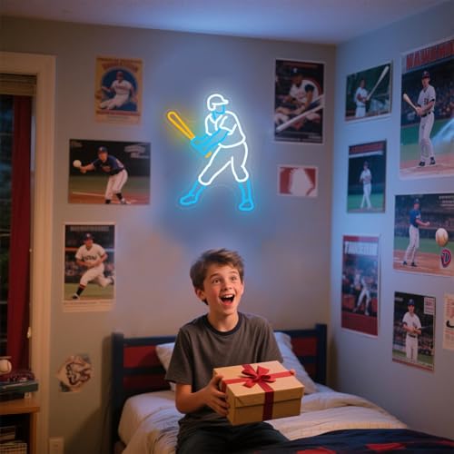 Image of Baseball Player Neon Sign - Dimmable LED Baseball Light & Wall Decor for Boys Bedroom, Man Cave & Party | Gift for Men, Boys & Kids (Classic White, 16.7x13 inch)