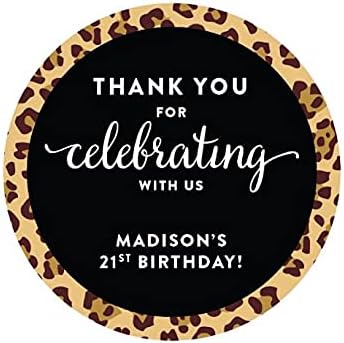 Andaz Press Personalized Birthday Round Circle Labels Stickers, Thank You for Celebrating with Us, Leopard Cheetah Print, 40-Pack, for Gifts and Party Favors, Custom Name