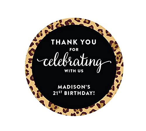 Andaz Press Personalized Birthday Round Circle Labels Stickers, Thank You For Celebrating With Us, Leopard Cheetah Print, 40-Pack, For Gifts And Party Favors, Custom Name #TOP3