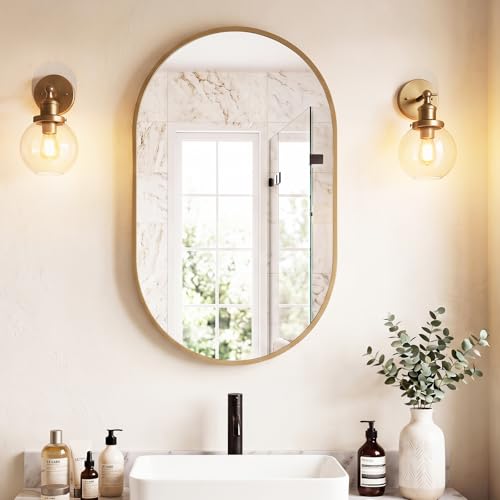 Image of Sweetcrispy 24 inch x 36 inch Gold Bathroom Mirror for Wall, Oval Wall Mirror with Metal Frame, Tempered Glass, Modern Vanity Mirror for Over Sink, Living Room, Bedroom, Entryway, Horizontal or Vertical