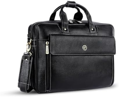HAMMONDS FLYCATCHER Genuine Leather Office Bag for Men, 15.6" Professional Leather Laptop Bag for Men for Office, Travel, Daily Use, Adjustable Strap & Multi Compartments - 1 Year Warranty - Black