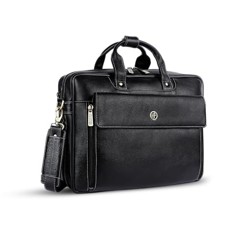 HAMMONDS FLYCATCHER Genuine Leather Office Bag for Men, 15.6" Professional Leather Laptop Bag for Men for Office, Travel, Daily Use, Adjustable Strap & Multi Compartments - 1 Year Warranty - Black