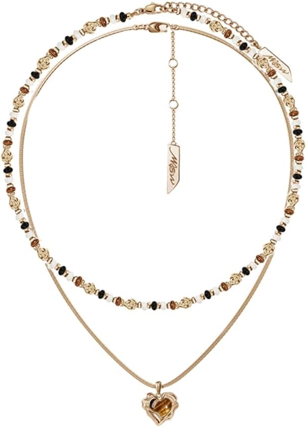 Retro temperament brown beaded collarbone chain fashionable heart-shaped tiger eye stone pendant necklace personality double layer necklace exquisite women's accessories M2730001