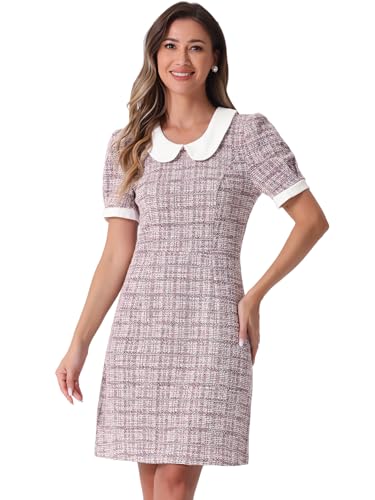 Image of Allegra K Peter Pan Collar Dresses for Women's Plaid Puff Short Sleeve Mini Tweed Dress