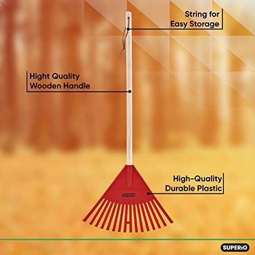 Image of Superio Kids Leaf Rake, 34-Inch Lawn & Garden Rake with Hardwood Handle and Durable Plastic Head, Leaf Cleanup Tool, Red 1 Pack
