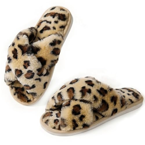 Image of Ankis Women's Fuzzy Slippers Cross Band Memory Foam Open Toe Comfy Soft House Shoes Anti-Slip Indoor Outdoor Gifts for Women