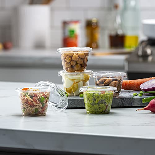 Image of {2.5 oz - 100 Sets} Clear Diposable Plastic Portion Cups With Lids, Small Mini Containers For Portion Controll, Jello Shots, Meal Prep, Sauce Cups, Slime, Condiments, Medicine, Dressings, Crafts, Disposable Souffle Cups & Much more