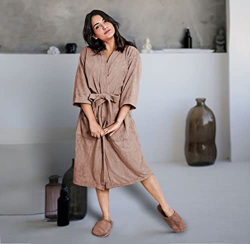 Image of Sassoon Venir Microfiber Bathrobe with Slippers for Men & Women, Unisex Luxury Bathrobe Towel, Spa Robe Combed (Pack of 1) - Peanut Color
