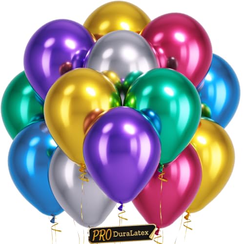 Image of Bezente Pro Duralatex Metallic Chrome Balloons - 100 Pack 12 inch Extra-Thick Assorted Balloons for Birthday Bridal Shower Wedding Decorations