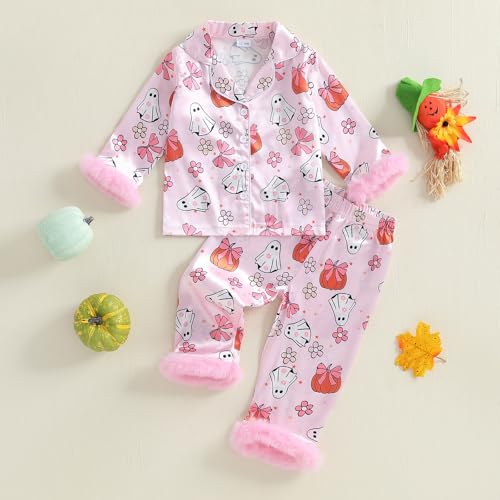 Kuriozud Kids Toddler Girl Satin Pajamas Fuzzy Trim Long Sleeve Button Down Shirt Top and Pants 2pcs Pjs Sets Sleepwear4