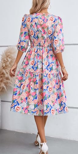 Image of Kormei Women Casual Boho Floral Round Neck 3 /4 Sleeve Smocked Waist Tiered A Line Flowy Swing Midi Dress Long Dresses