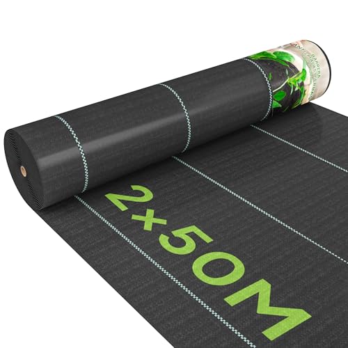 Outsunny Malla Antihierbas Malla Antimaleza 2x50 m Malla Geotextil 130 g/m² para Control de Malezas y Malas Hierbas de Jardín Rollo de Malla Antimaleza Negro