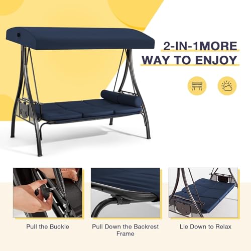 Image of HOMREST 3 Person Outdoor Porch Swing with 1.5 inch Upgraded Cup Holder, Adjustable Canopy, Backrest, Patio Swing Bed with Weather Resistant Steel Frame, Cushions for Garden,Deck and Poolside(Blue)