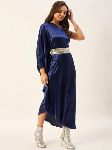 Image of DRAPE AND DAZZLE Women one Shoulder Kaftan Dress with Mirror Work Belt | Summer Westner Wear Dress| DD-115