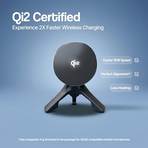 Image of Ambrane Qi2 Magsafe Car Charger, 2-in-1 Purpose: Car Charger & Mobile Stand, Perfect for Daily Commute or Long Travels, 15W Fast Wireless Charging, Attaches onto Air Vents (AerosynQ 3, Black)