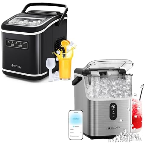 ecozy Countertop Ice Maker, Portable Ice Maker with Self-Cleaning, Smart Nugget Ice Maker Machine with Ice Bags, Handle, Standing Scoop and Basket Cover