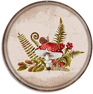 Mushroom Round Tin Sign Funny Iron Painting Botanical Decor Nature Art Snails Print Poster Plate Decor for Home Office Coffee Bar Club Pub Housewarming Gift Round Metal Sign 12x12 Inch