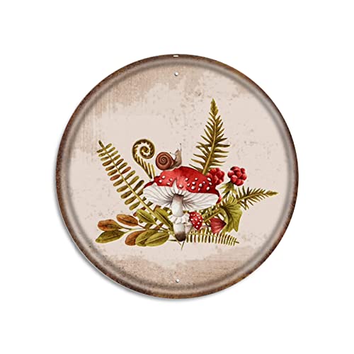 Mushroom Round Tin Sign Funny Iron Painting Botanical Decor Nature Art Snails Print Poster Plate Decor For Home Office Coffee Bar Club Pub Housewarming Gift Round Metal Sign 12X12 Inch #TOP21