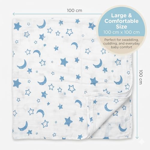 Image of Mee Mee 100% Cotton Muslin Swaddle Wrap for Newborn Baby(100x100 cm)(PK-3)| Soft, Breathable, Lightweight, Quick-Dry, Skin Friendly,Multi-Use Baby Blanket,Nursing Cover,Stroller Cover (Teddy & Stars)