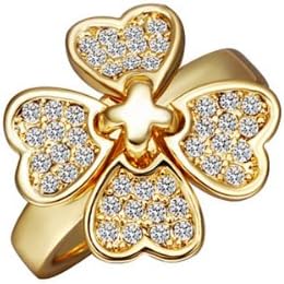 Alloy Gold-Plated Multi White Crystal Rhinestone Women Girls Four Leaf Clover Gold Color Flower Ring Size 8