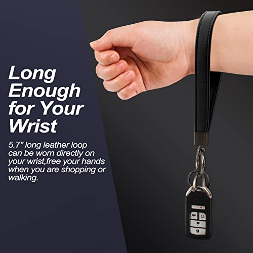 Car Key Fob Keychain Holder Genuine Leather Wristlet Loop Key Chain Circle Carabiner Clip For Men And Women With Anti-Lost D Ring, Screwdriver, 4 Key Rings, 360 Degree Rotatable, Metal And Black #TOP2