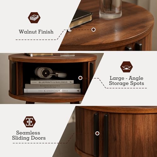 Image of ZttRiee Round Side Table with Sliding Doors, Mid-Century End Table, Walnut
