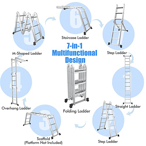 Giantex 7-In-1 12 Ft Folding Ladder, Multi Position Aluminium Extension Ladder With Safety Locking Hinge, Tall Scaffold Ladders With Anti-Skid Texture, Lightweight Collapsible Ladder, Max Load 330 Lbs #TOP6