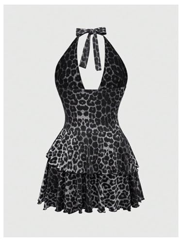 Image of SOLY HUX Women's Plus Size Leopard Print Halter Dress Y2k Gothic Deep V Cheetah Tie Backless Layered Ruffle Mini Dresses