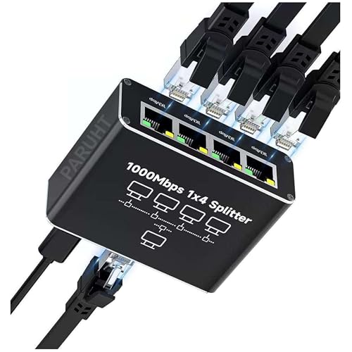 Image of Ethernet Splitter 1 to 4 Gigabit 1000Mbps - RJ45 LAN Network Adapter Hub with USB-C Power, Cat8 /Cat7 /Cat6 /Cat5e Compatible - Plug & Play Internet Cable Splitter for 4 Devices, Black ETHSP-1B4