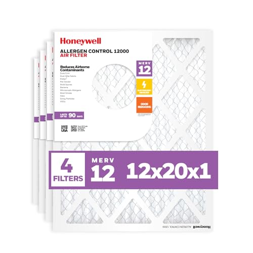 Honeywell 12x20x1 MERV 12 Electrostatic Pleated HVAC AC Furnace Air Filter (4-Pack) | Replacement Filter for Home Use | Made in USA