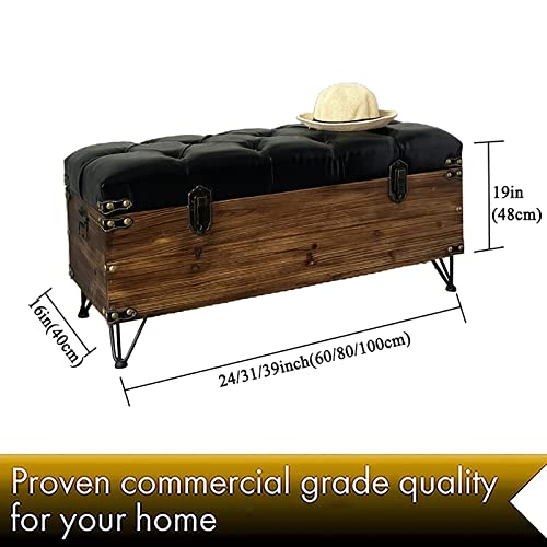 Banco otomano con almacenaje tapizado en Cuero, baúl de Madera Vintage, baúl Rectangular para Zapatos, Color Negro, 100 cm - imagen 2