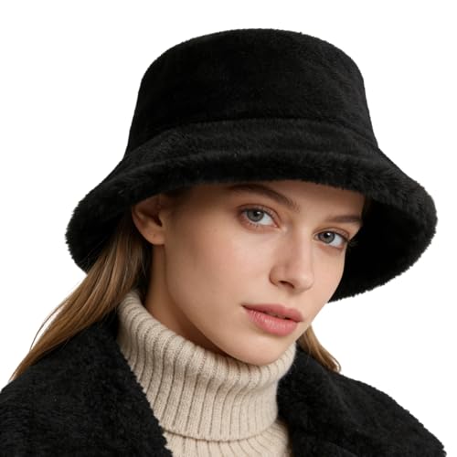 ITODA - ITODA Chapeau Femme Dames Hiver Epaissie en Peluche Chapeau de Pêcheur Fausse Fourrure Chaleur Large Bord Bonnet Melon Coupe-Vent Chapeau de Bassin Pliable Confortable Protection Tête/Visage