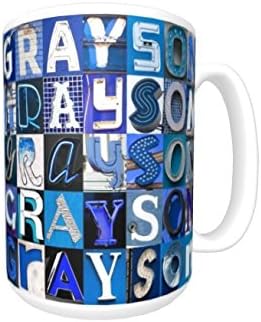 GRAYSON Coffee Mug / Cup - using photos of BLUE sign letters - personalized