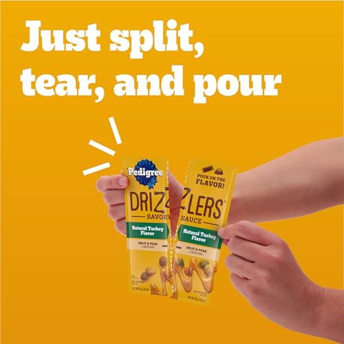 Image of Pedigree Drizzlers Savory Sauce Wet Dog Pouch, Turkey Flavor, 22 Count | Only 4 calories per serving, 8 ingredients, dual-serving split pouch, no artificial flavors, maintains kibble crunch