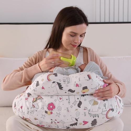 Image of Proliva Feeding Pillow for New Born Baby with Detachable Cover Breast Feeding & Maternity Nursing Pillow for Breastfeeding Support for Baby Feeding Pillow for Mom (White-Unicorn-A2)