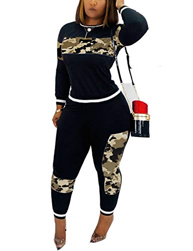Womens 2 Piece Jogger Outfits, Camouflage Long Sleeve Pullover Tops Skinny Pants Tracksuit Set Brown M #TOP21