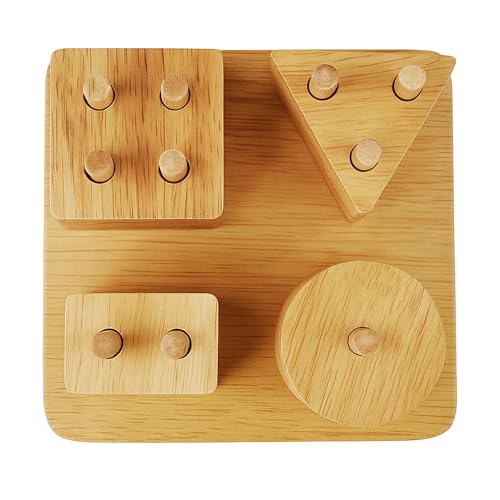 Image of Wooden Shape Sorter Puzzle Toy with 4 Geometric Shapes and Peg Board | Stacking Toy for Toddlers | Educational Montessori Toy for Kids 3+ | Brain and Motor Skill Builder Activity Game