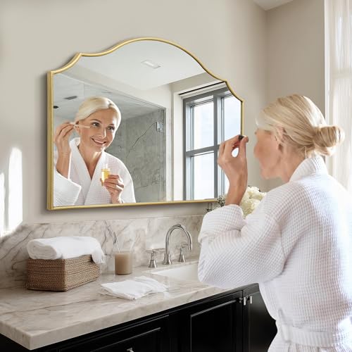Gold Scalloped Arched Mirror: 36"x26" Large Modern Mantle Mirror - Minimalist Dresser Wall Mirrors for Vanity/Bedroom/Fireplace/Living Room/Entryway/Home Decor - Image 6