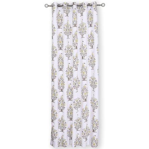 Image of Homestan 100% Pure Cotton Long Door Curtains 9 Feet Long Set of 1, Block Print Canvas Screen for Door for Home Decor (Flower Plant - Yellow)