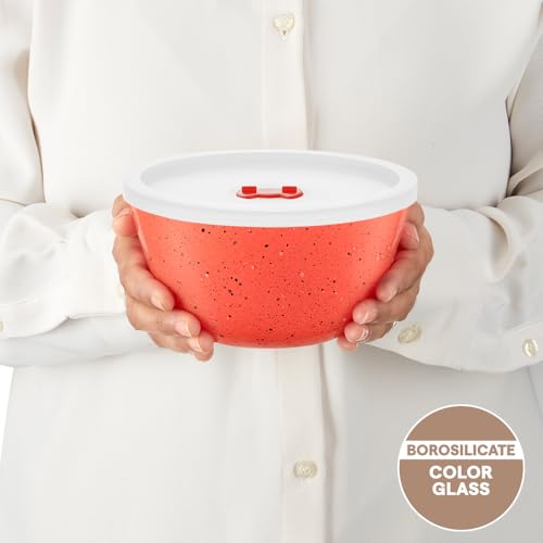 Image of Borosil 750ml Serving & Mixing Bowl with Lid | Made in India Borosilicate Glass Bowl for Kitchen & Dinning | Bowl for Mixing Dough, Salad, Batter | Microwave & Dishwasher Safe (Kube Pink)