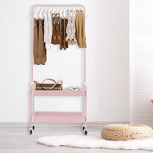 Modern Garment Rack Clothing Stand With 2 Tier Metal Basket And Universal Wheel Square Suit Dress Garment Rack Dress Display Stand Floor Hanger Storage Rack For Home Wedding Clothing Store (Pink) #TOP4