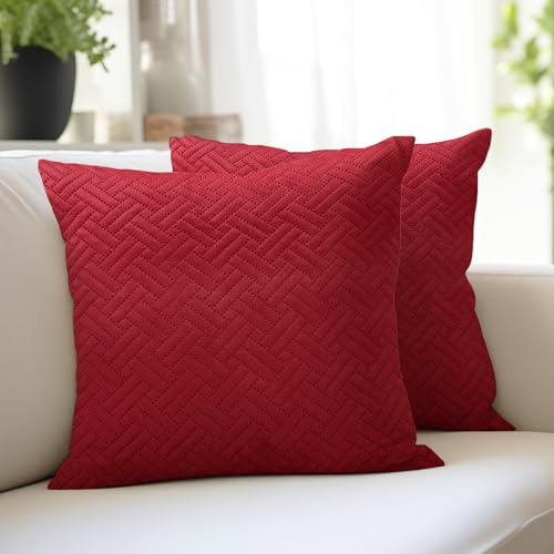 Image of Encasa XO Velvet Cushion Covers, No Inserts, Set of 2, Red | 16 inchx16 inch | Both Side Fabric | Hidden Zipper Closure | Solid Color | Fade & Shrink Resistant | Machine Washable