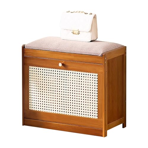 Banco de almacenamiento de madera rústica de madera maciza con asiento y puerta de cojín de lino