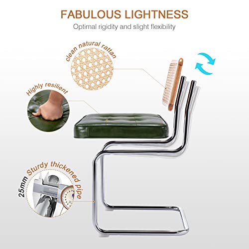 Zesthouse Mid-Century Modern Dining Chairs, Upholstered Tufted Leather Chairs, Accent Rattan Kitchen Chairs, Armless Mesh Back Cane Chairs With Metal Chrome Legs, Set Of 2, Green #TOP4