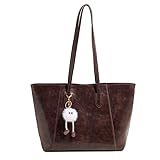 Base'ic Women’s Large Vegan Leather Tote Bag – Shoulder Handbag with Inner Pocket & Decorative Charm, Work & Travel Purse (Dark Brown)
