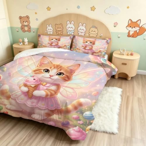 Image of Cute Cat Comforter Set King Size Pink Fantasy Bedding Set for Girl | Cartoon Kitten with Wings Bedding Set for Girls Kids Toddlers, 3 Piece Pink Soft Bed Set with 1 Comforter 2 Pillowcases