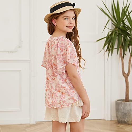 Blibean Girl Summer Blouse Short Sleeve Shirts Tween Kids Ruffle Tops Spring Boho Flower Clothes Floral Clothing Size 4-5 Years Small Orange #TOP6